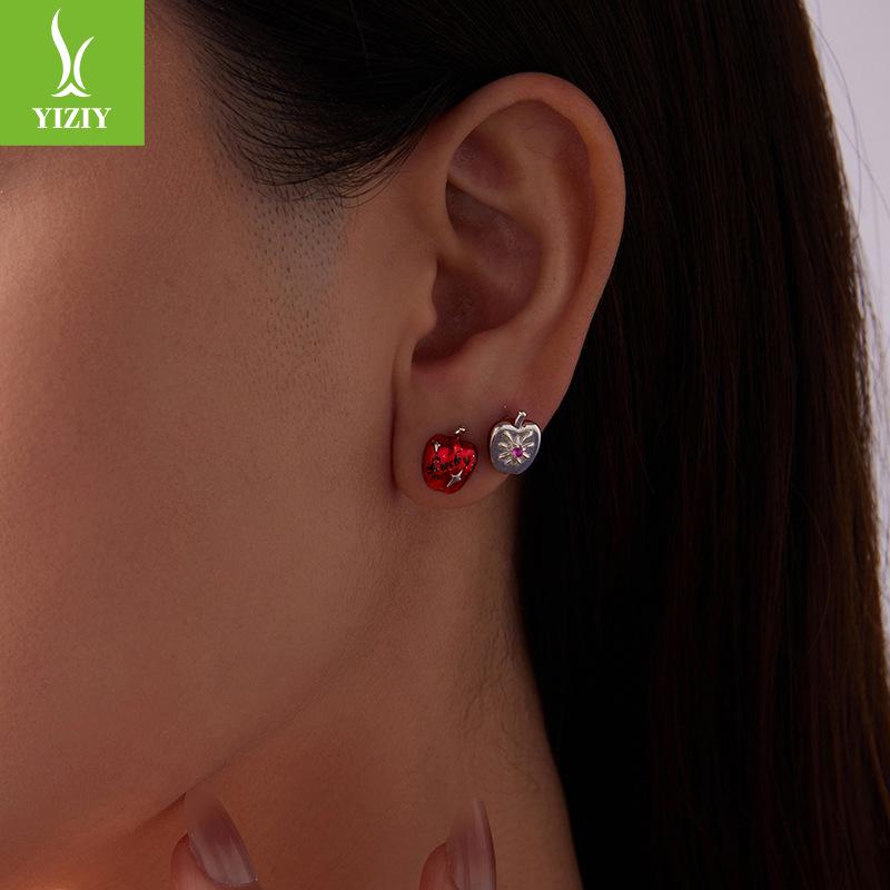Yinziyun Asymmetrical Christmas Apple Earrings: S925 Sterling Silver Lucky Red Apple Studs