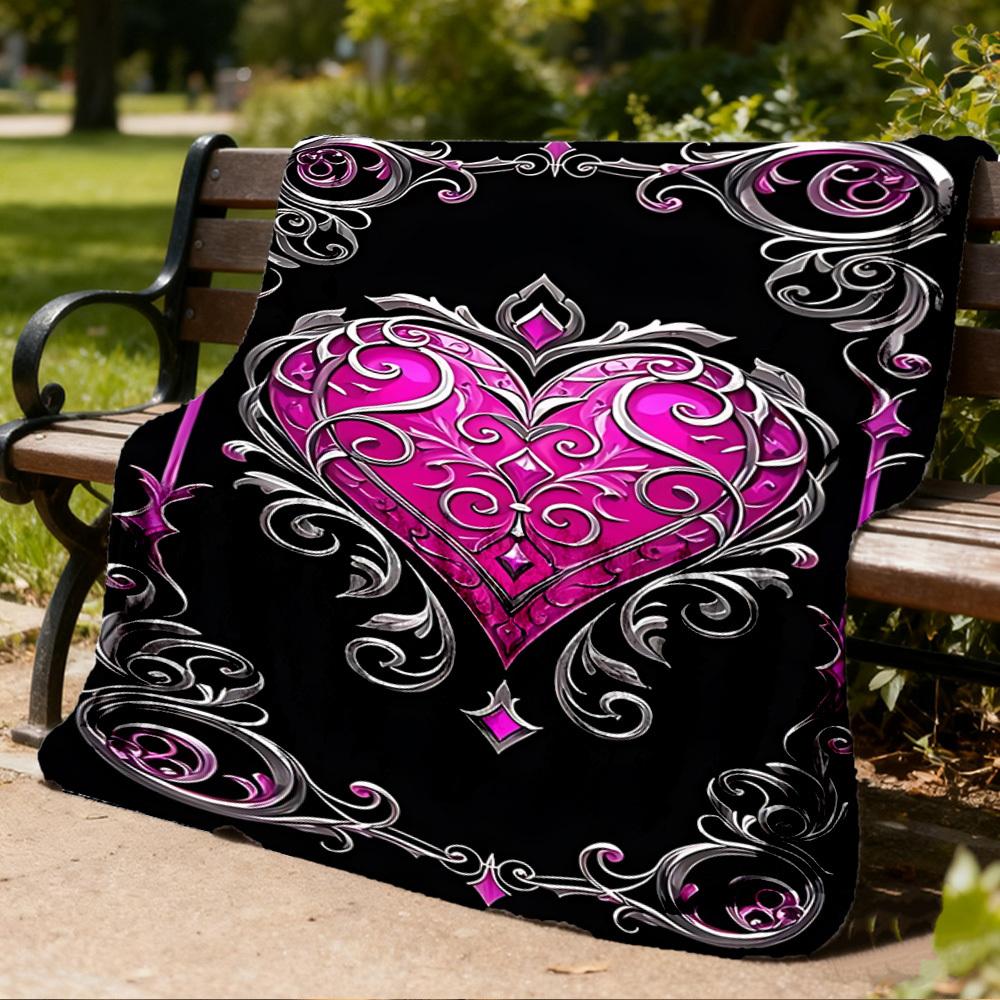 1pc Heart Ornament Outdoor Flannel Blanket Soft All Season Polyester Throw , Perfect for Picnics & Travel , Picnic Accessory