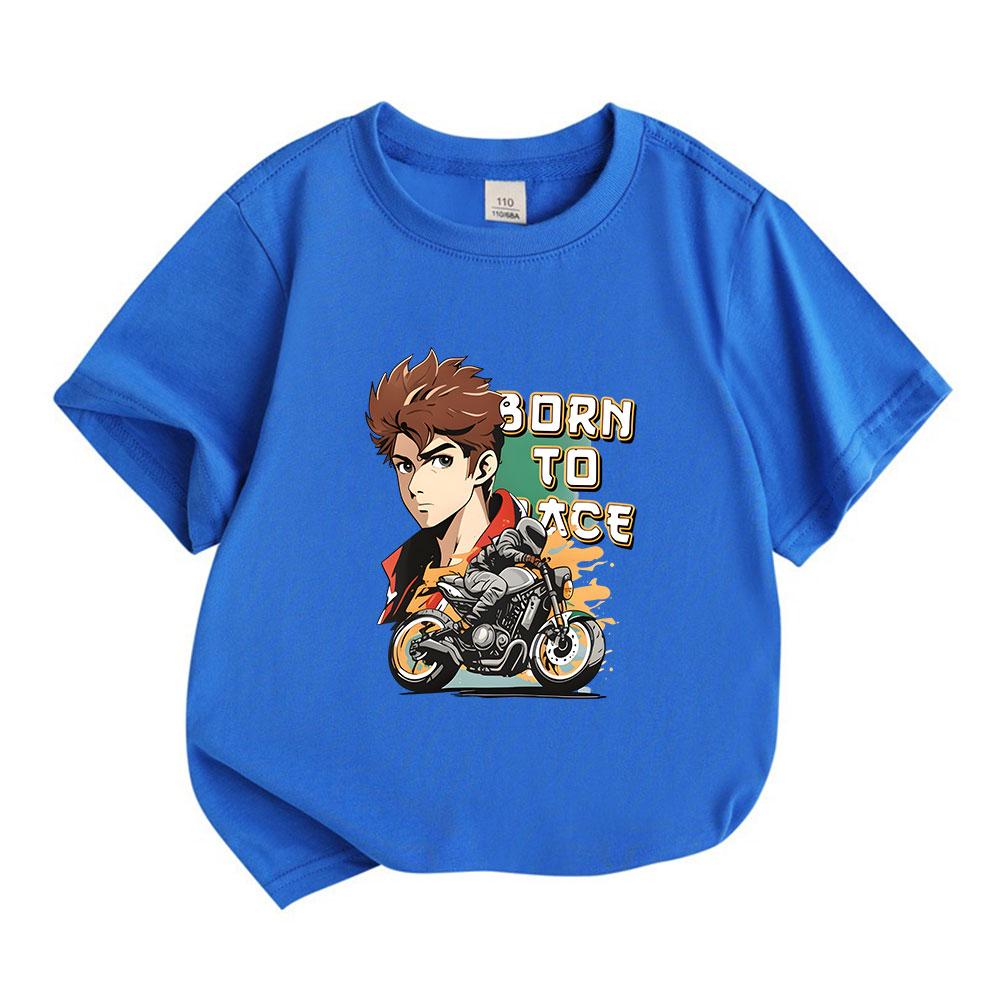 Kids Boys Girls 100% Cotton Crew Neck Short Sleeve T-Shirt, Anime Biker Print Born To Race Casual Breathable Summer Tee Tops for Little Teens Children