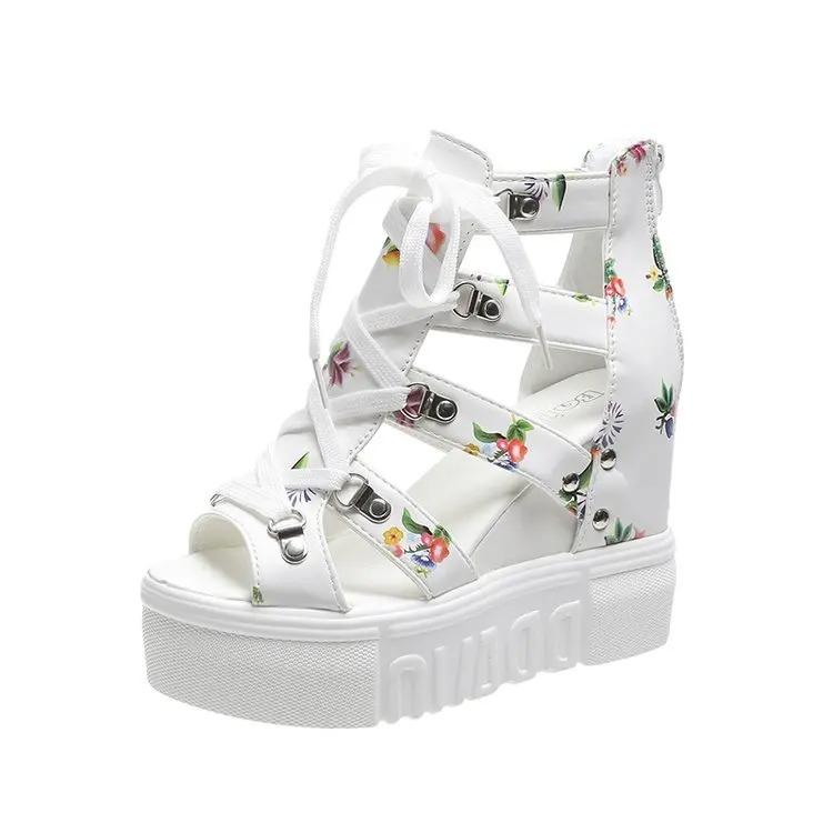 

Модные туфли на танкетке с принтом для отдыха, женская обувь 2024 года, летняя обувь, женские сандалии, туфли на платформе, шнурки, высокие каблуки, повседневная обувь для женщин 35 белый