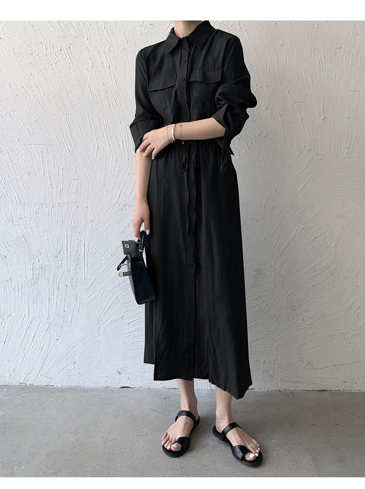 JINJUDUO Long Sleeve Shirt Solid Lapel Long Dress Women's Dress, Casual, Color, (M, Black)