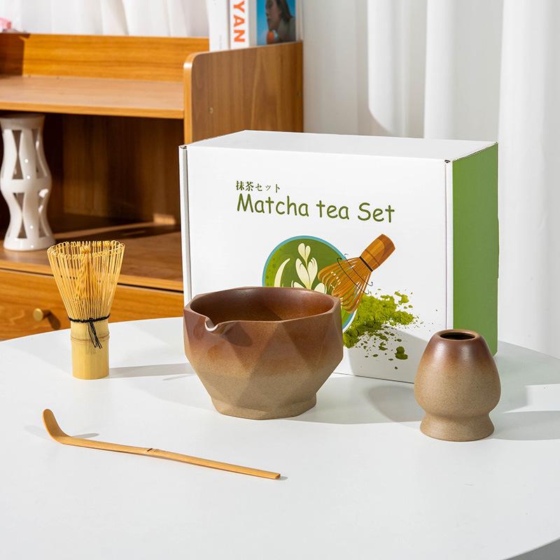 5-8pcs INS coarse pottery gradual change color tea stand matcha bowl set to order tea retro Matcha whisk set of tea tools