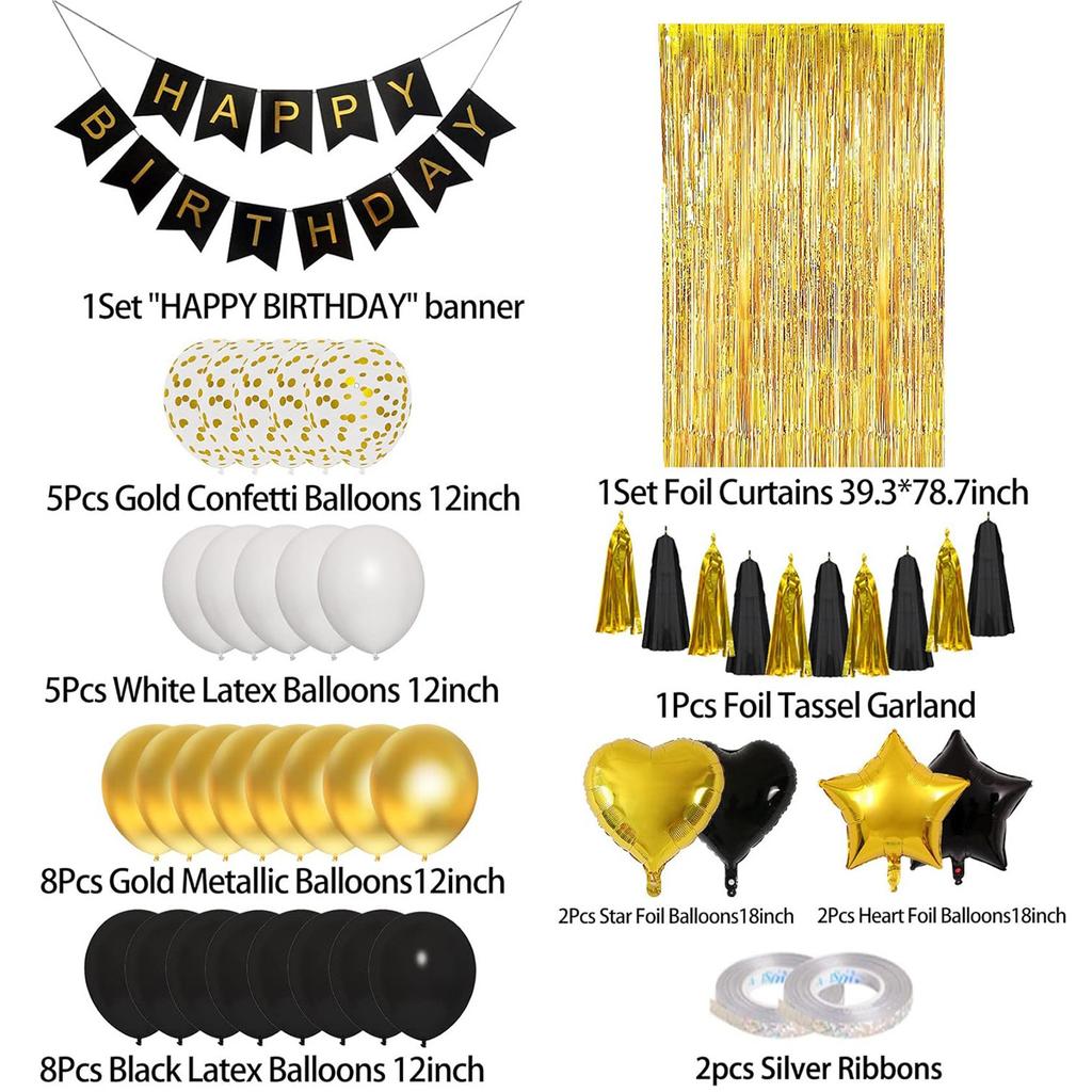 Birthday Party Decoration Set Black Gold Theme Birthday Arrangement Rain Curtain Flag Party Decoration Balloon
