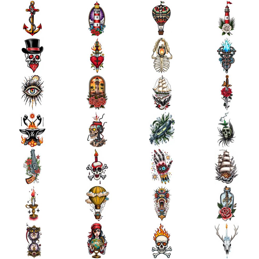 28pcs Temporary Tattoo New School Traditional Nautical Ship Eye With Sunburst Parachute For Shoulders Women Chest