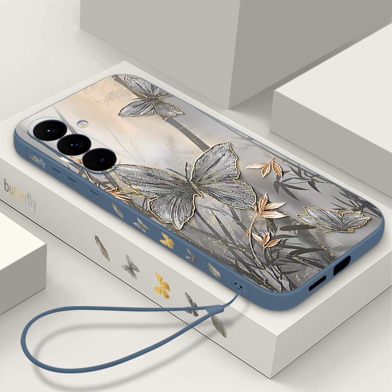 Lanyard Case For Samsung Galaxy S25 Ultra S24 S23 S22 Plus S21 FE A15 A16 A35 A36 A54 A55 A56 5G Bamboo Butterfly Printed Case Capa Coque