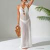 Backless Knitted Dress with Neck Strap, Shiny Brick-shaped Bow, Open Slit, Figure-hugging Skirt, Beach Cover-up for Women
