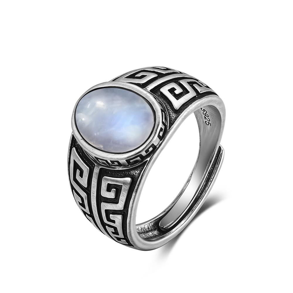 Vintage 925 Silver Ring Natural Moonstone Flower Ring 925 Hollow Eye Shape Round Sun And Moon Ring Fine Jewelry for Women Men