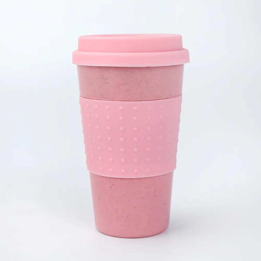 

European Style Wheat Straw Fiber Water Cup Car Mounted Silicone Coffee Cup Plastic Personalized Mug with Lid for Car Cup Holder розовый