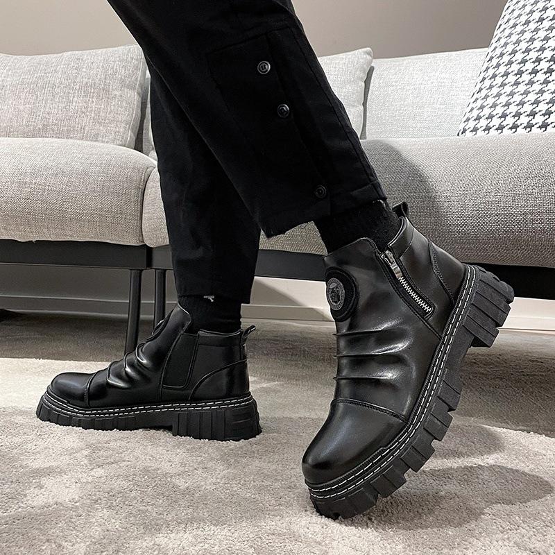 Martin Boots Men'S High-Top British Style Chelsea Boots Tooling Shoes Velvet Winter Shoes Leather Boots Men