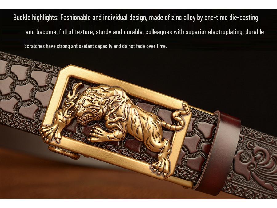 Tiger Engraved Automatic Buckle Cowhide Men's Zodiac Belt - Casual Retro Style