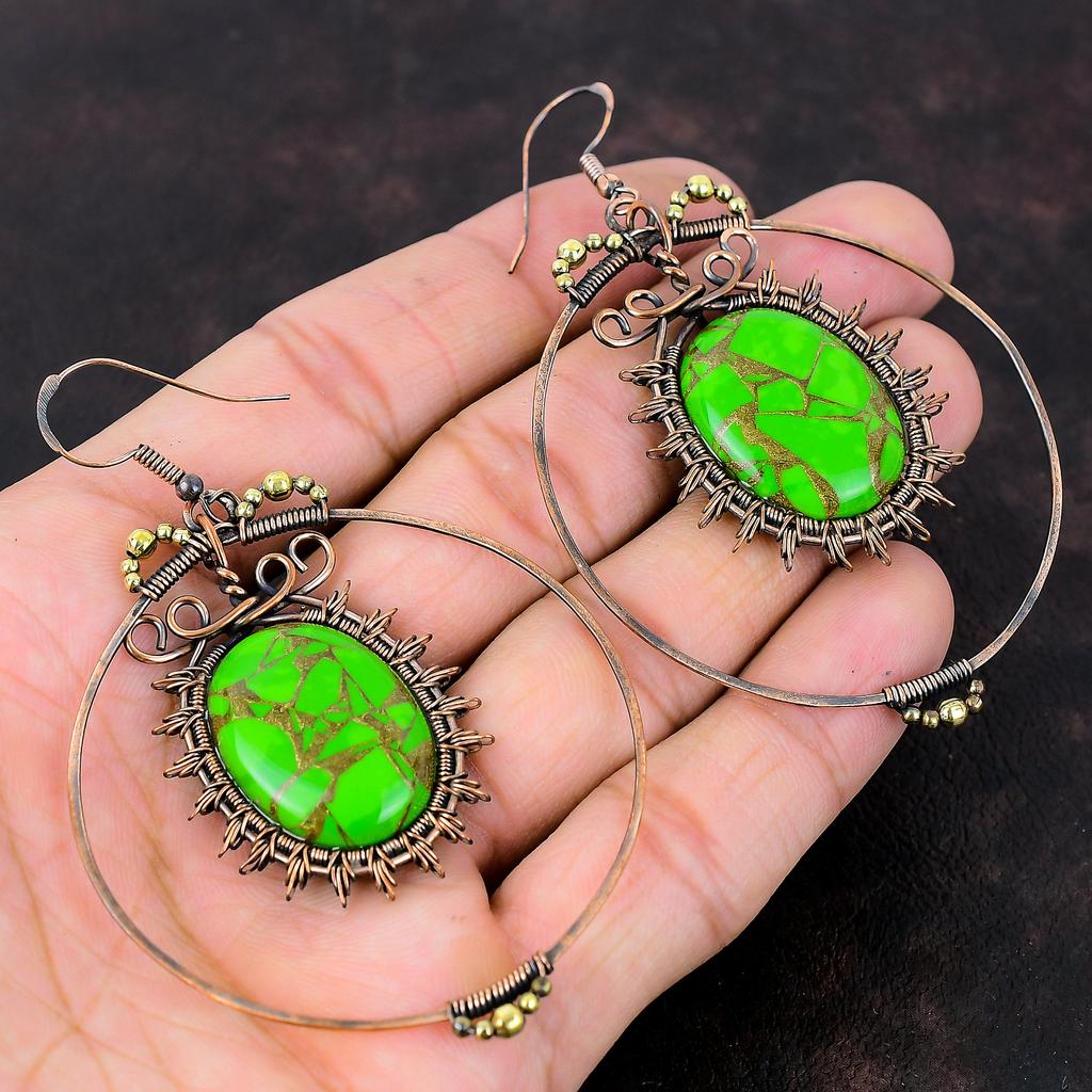 Cercei Turcoaz Verde Cupru Bijuterii Înfășurate în Sârmă de Cupru Piatră Prețioasă Cercei Handmade Piatră Natală Bijuterii Cadou Aniversare Cercei Sârmă de Cupru