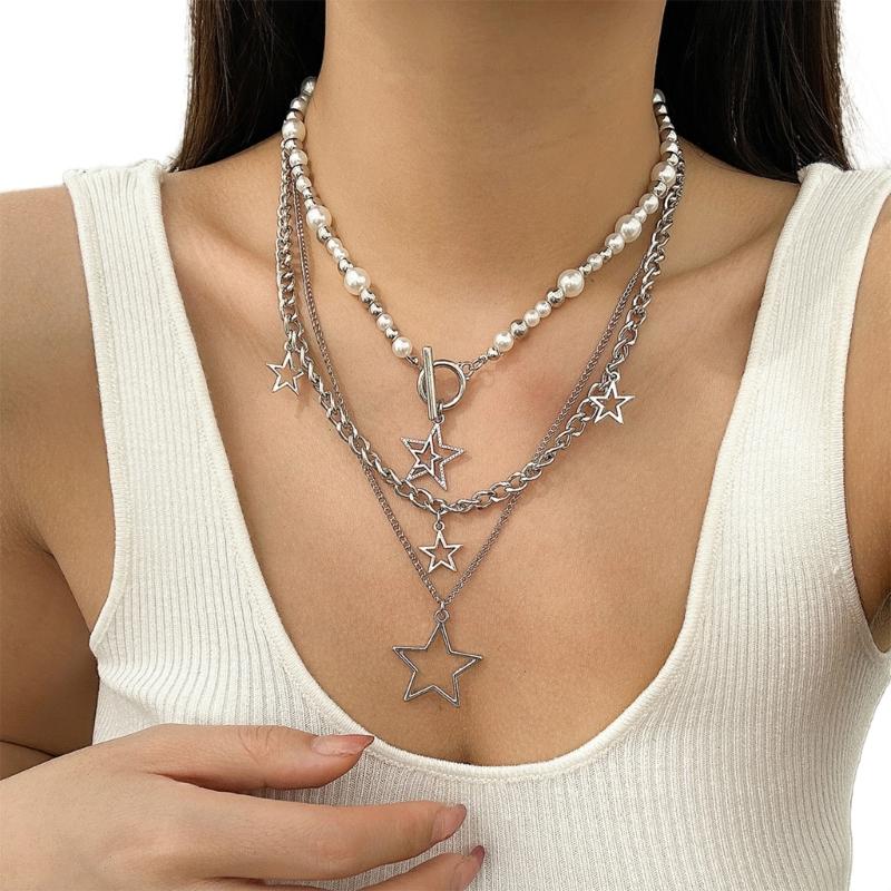 Fashionable Multilayer Star Charm Collar Necklace Adjustable Length Imitation Pearls Clavicle Chain Alloy Jewelry Gift