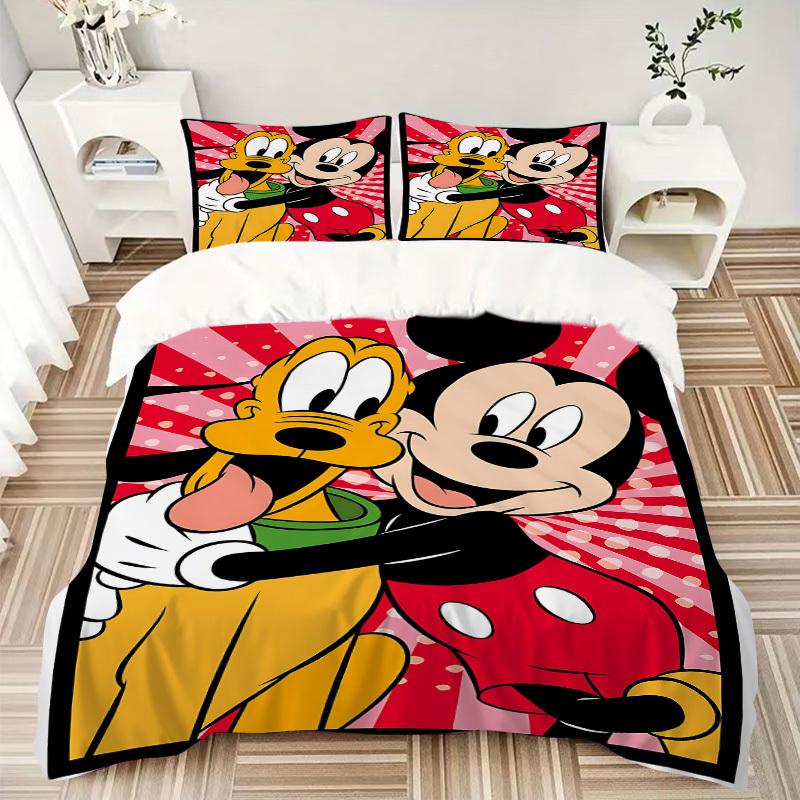 3pcs Mickey Mouse, Pluto Printed Bedding Set, Breathable And Soft, Machine Washable, Christmas Gift Birthday Gift, Bedroom Decoration
