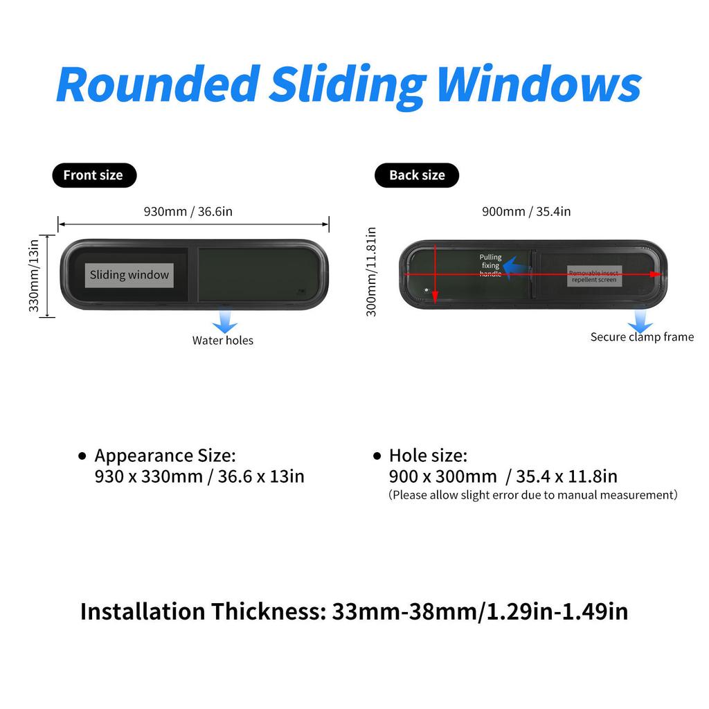 Horizontal Sliding RV Window 35.4 X 11.8in Uv Resistant with Removable Insect Nets for Caravan Black Applicable Wall