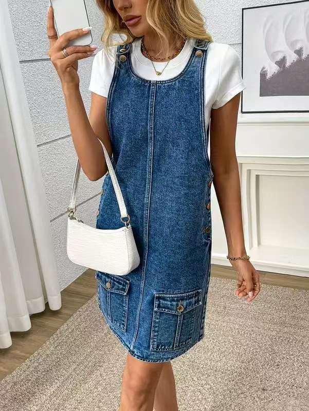 European-American Retro Denim Overall Skirt for Women - Summer Petite Zipper Design Dress