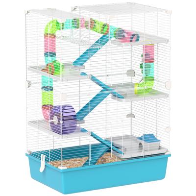 Cage pour Hamster à 6 Niveaux, Cage pour Petits Animaux avec Tubes, Roue d'Exercice, Rampes, Cabane, Gamelle, Bouteille d'Eau, Bleu Clair