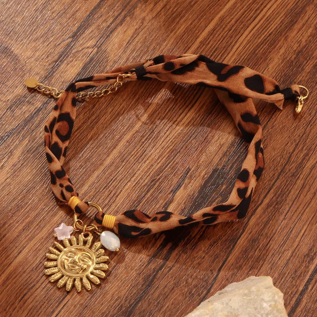 Retro Leopard Silk Scarf with Sun Face Pendant Clavicle Chain for Women