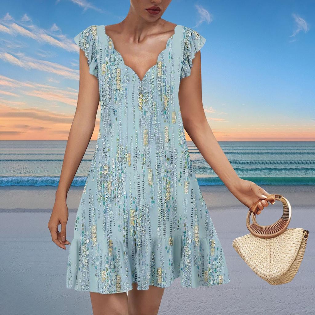 Women's Fashion Casual V Neck Wavy Edge Print Short Sleeve Dress