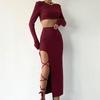Women's Autumn Solid Color Long Sleeve Top & Slim Fit Slit Lace-up Skirt Set