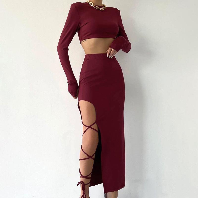 Women's Autumn Solid Color Long Sleeve Top & Slim Fit Slit Lace-up Skirt Set