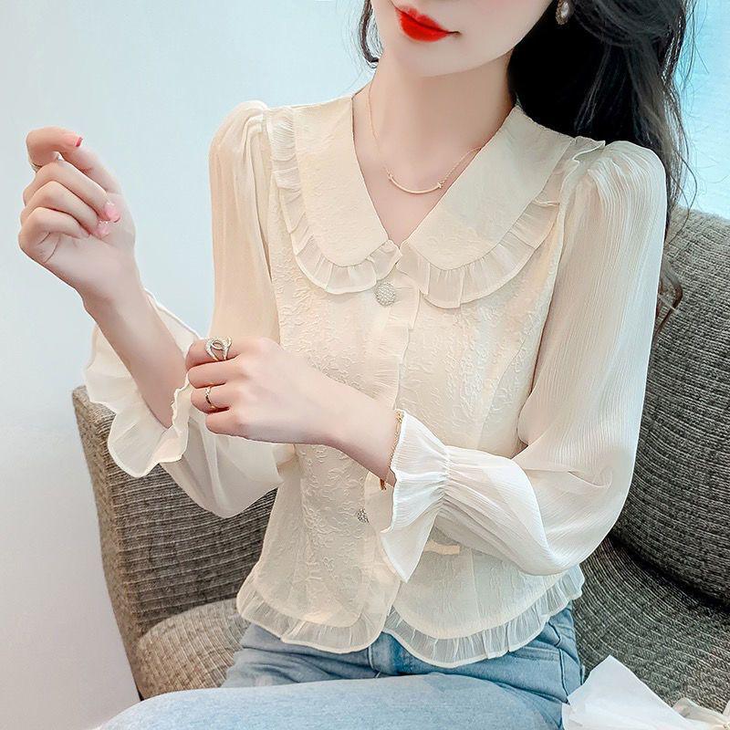 2024 Frühling Schlankmachende Patchwork Peter Pan Kragen Chiffonbluse mit langen Ärmeln
