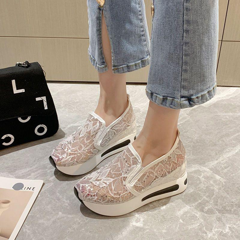 

Fashion Summer High Platform Slip On Sequins Casual Woman Footwear Sale Y2k Fashion Designer Luxury Lace Mesh Breathable Shoes for Women 35
