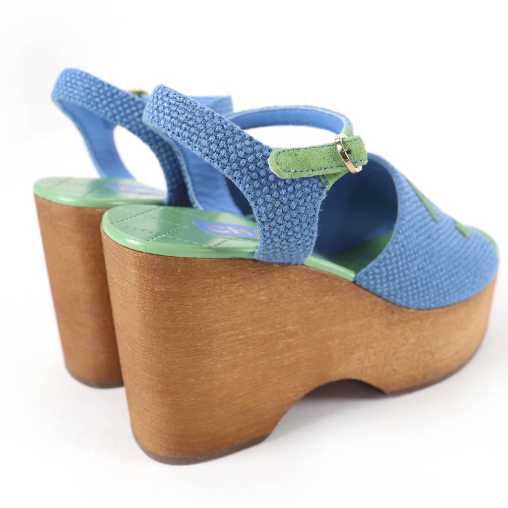 Excellent CHANEL Sandals COCO Mark Ankle Strap Wedge Heels Blue Women 35 G45555 Used
