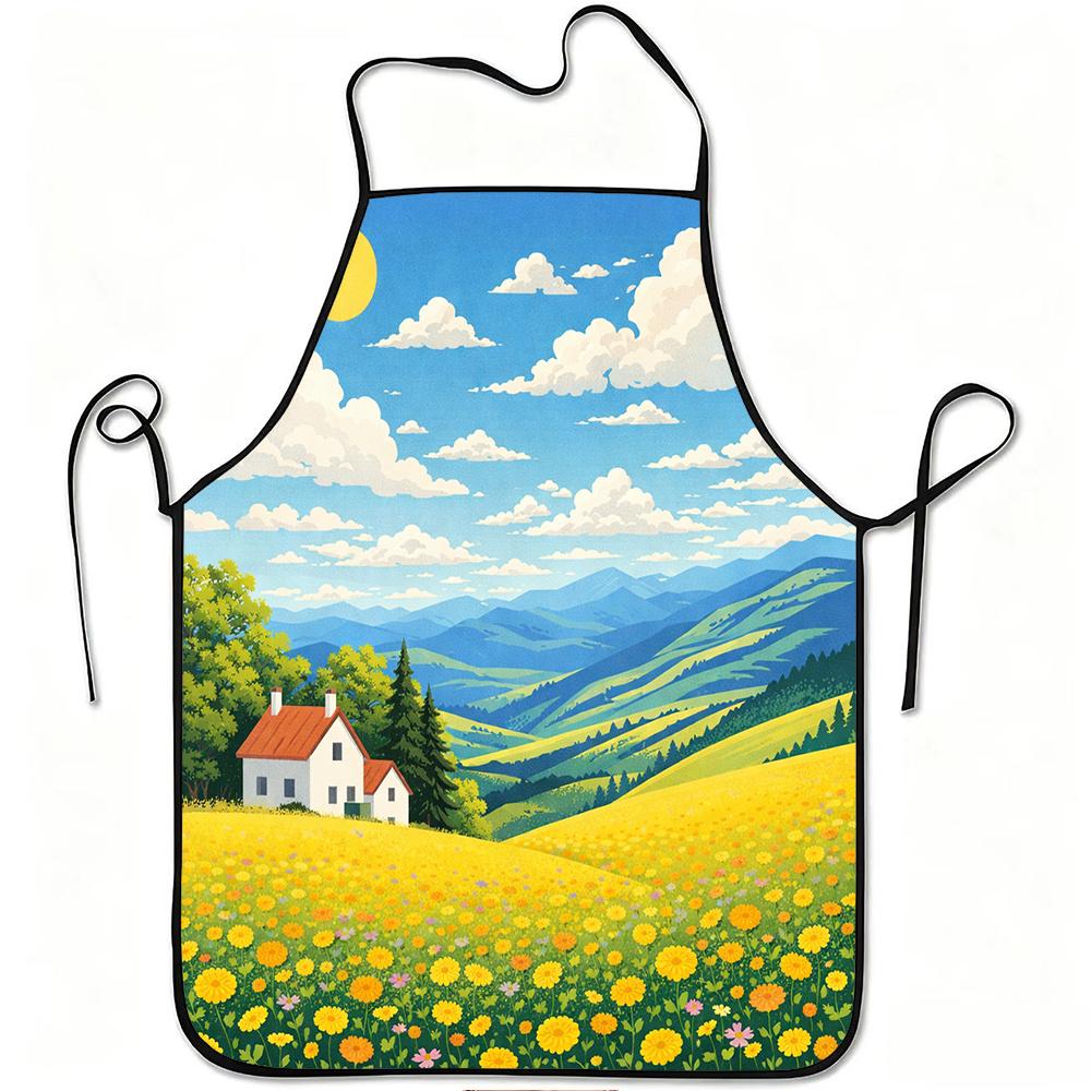1pc Sunny Countryside Landscape Print Apron, Durable And Easy to Clean, Adjustable Waistband, Polyester Material, for Kitchen Cooking, Gardening, Orch