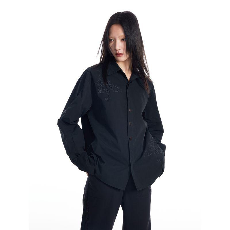 

Thelight Original Design Window Flower Art Stitching Butterfly Embroider Shirt Black and White Fancy New Arrival Men and Women Black XL