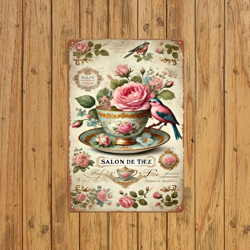 Vintage Metal Sign Vintage French Tea Cup Rose Bird Metal Sign Charming Floral Design Wall Art for Home Office