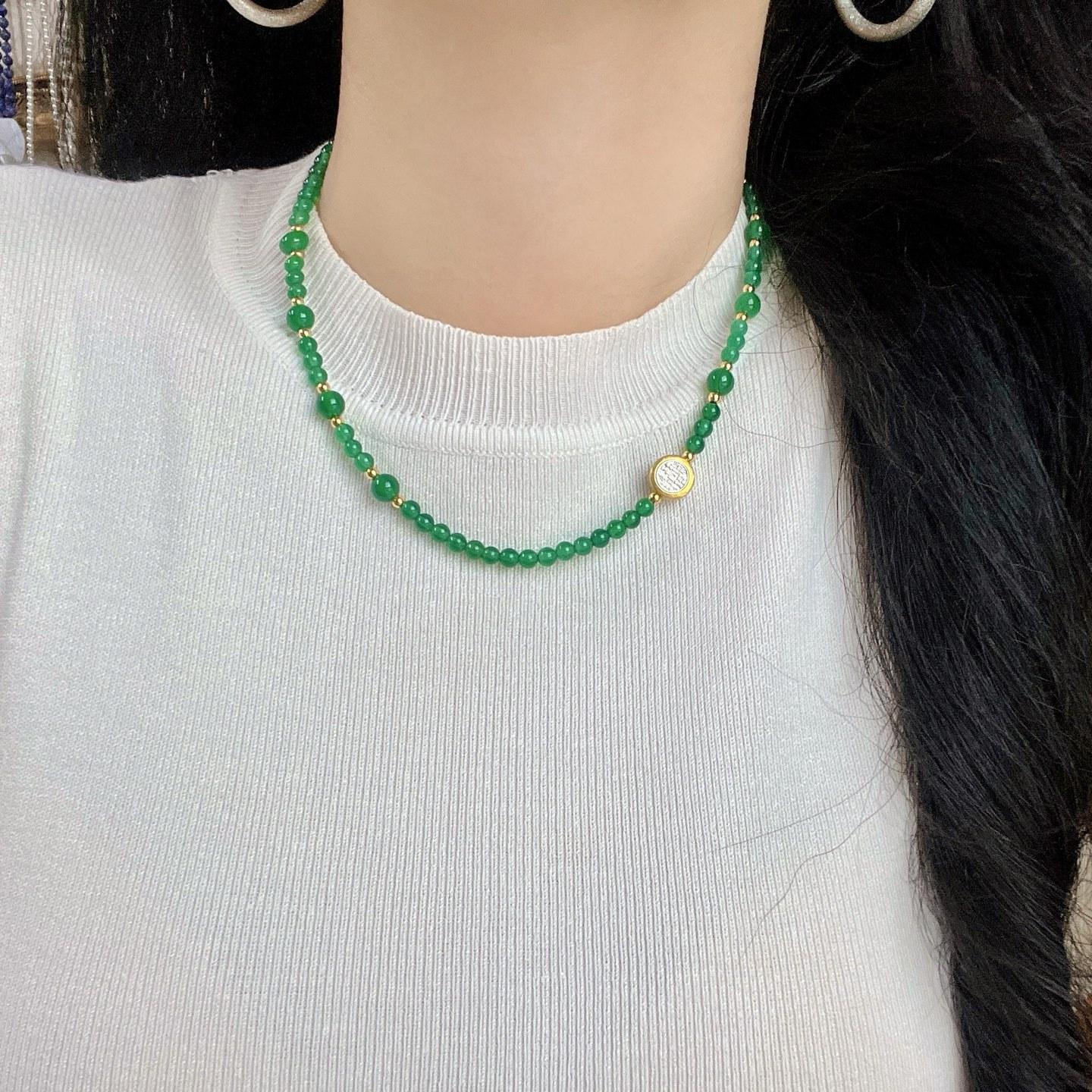 4Mm High Quality Ice Through Emperor Green Chalcedony White Crystal Lapis Lazuli Design Sense Collarbone Chain Necklace