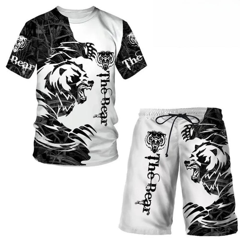 Summer Round Neck 3D Animal Printed Set Fashionable and Casual Short Sleeved Shorts Men's Sport Wear