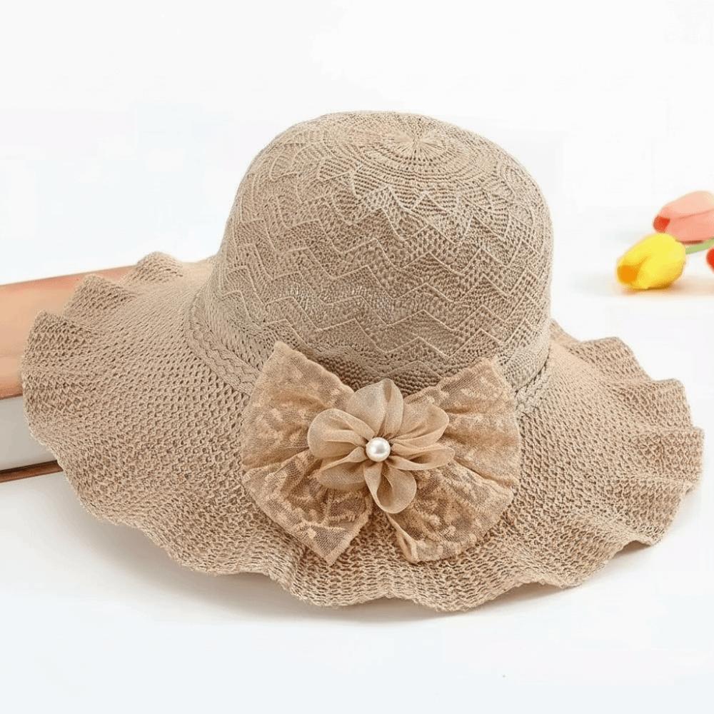 Solid Color Weave Bucket Hat Lace Bow Beach Sun Hat Casual Wide Brim Knitted Hat Girls