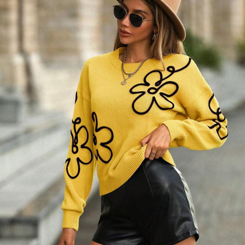Cross-border Europe, America, Autumn and Winter New Women's Sweater Fashion Flower Three-dimensional Embroidery Round Neck Pullover Long Sleeve