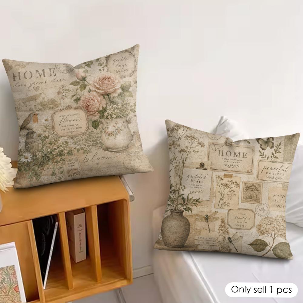 Farmhouse Home Vintage Floral Cushion Cover Double-Sided Plush Sofa Cushion Covers Organic Breathable Invisible Zipper