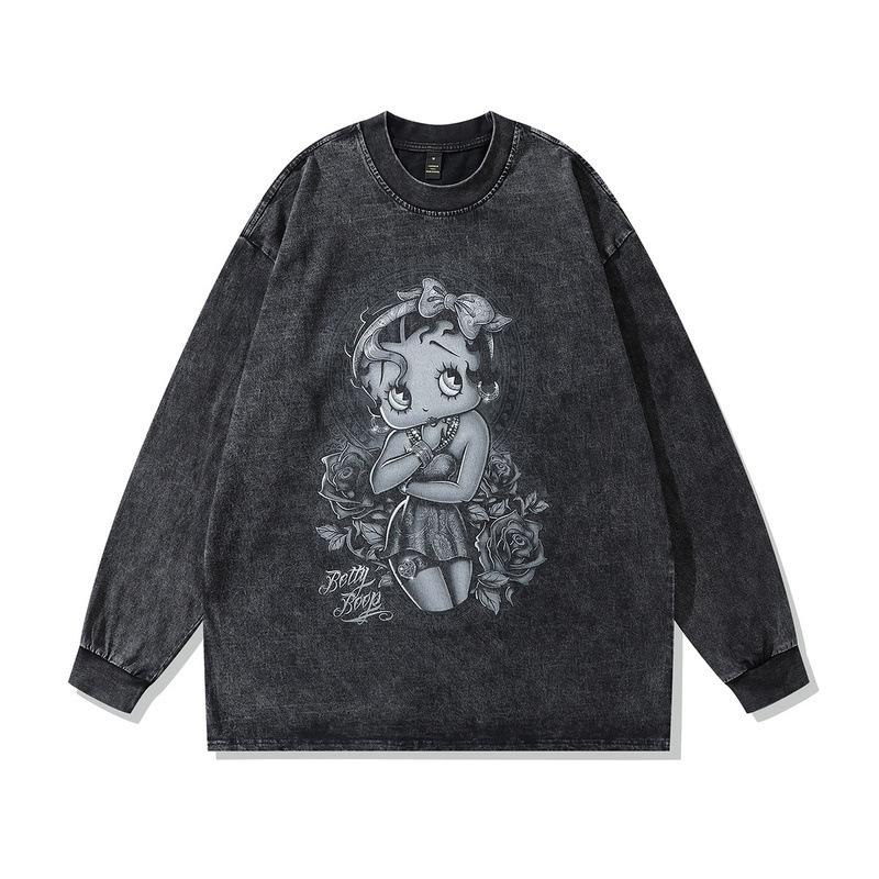 Harajuku Street Retro Trendy Brand Washing Water Old Long-Sleeved T-Shirt Men And Women Oversize Hip-Hop Couple Top
