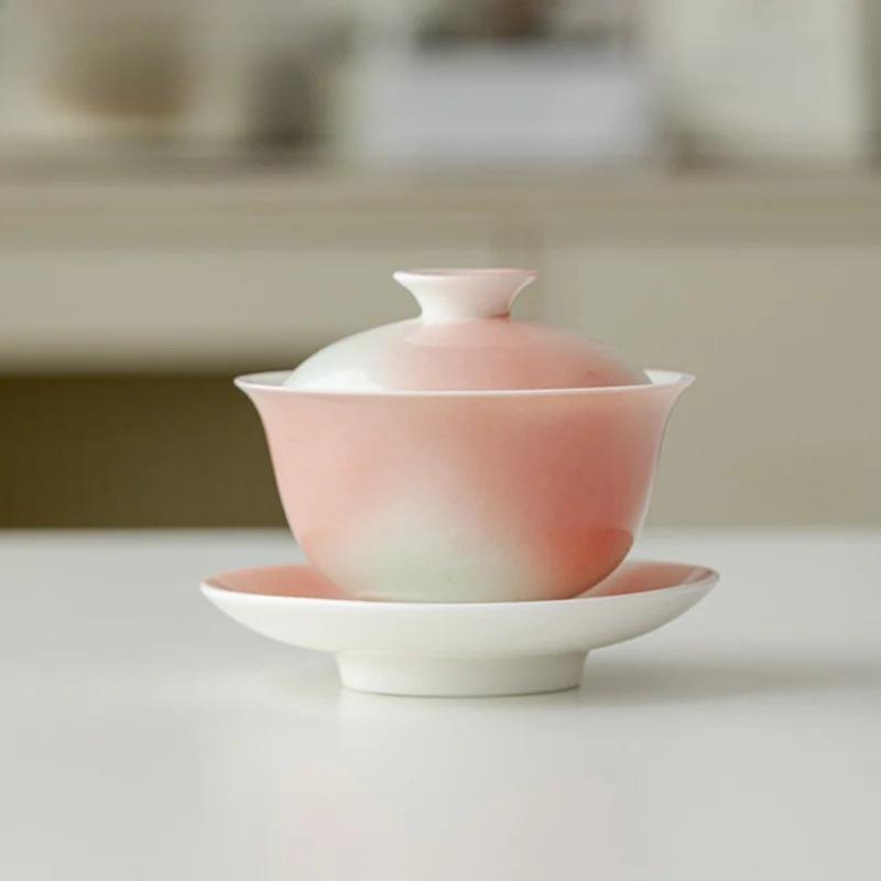 130ml Grapefruit Jasmine Ceramic Sancai Gaiwan Aesthetic Gradual Color Tea Tureen Tea Maker Cover Bowl Tea Ceremony Decoration