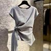 French gentle style retro striped design splicing straps slim short-sleeved T-shirt women's summer new top