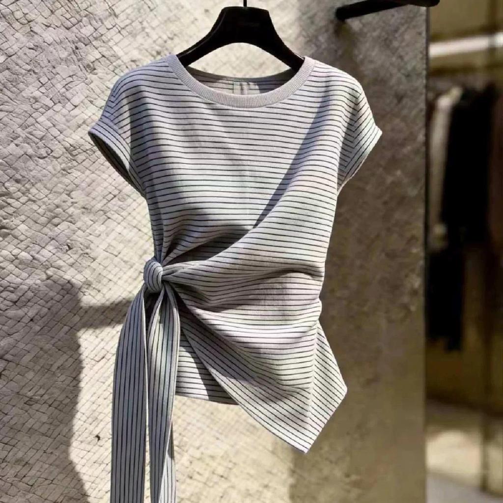 French gentle style retro striped design splicing straps slim short-sleeved T-shirt women's summer new top