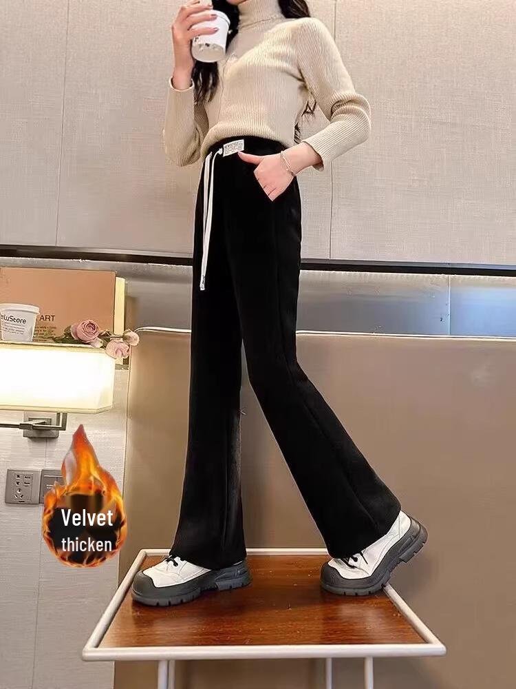 Girls' Black Plus Velvet Straight-Leg Sweatpants - New Autumn/Winter 2025 for Junior High Students
