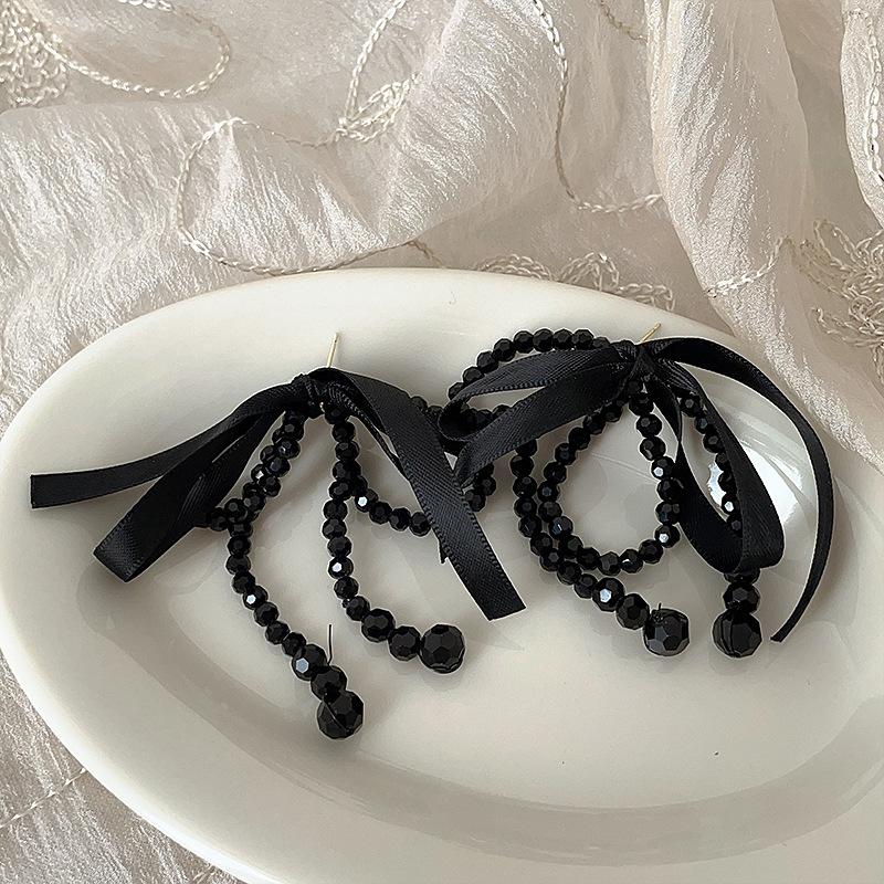 Crystal Beaded Streamer Bow Stud Earrings Female Personality Unique Exaggerated Fashion Temperament Elegant Versatile Earrings