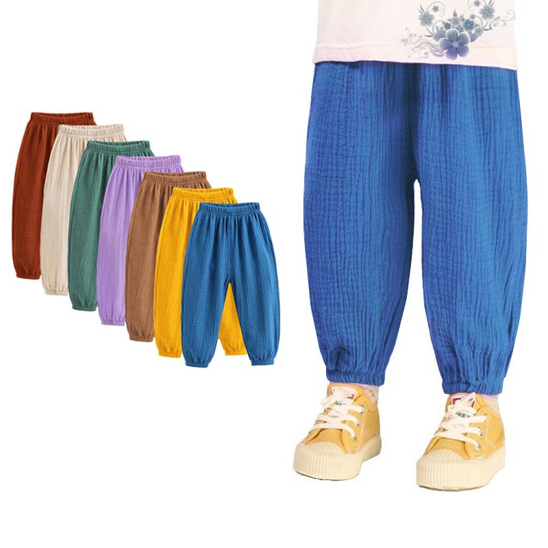Pantaloni estivi per bambini coreani, casual, in cotone e lino, tinta unita, larghi e plissettati, pantaloni harem a vita alta per ragazze.