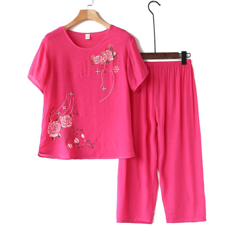 Senior Women's Cotton Linen Pajama Set: Short-Sleeved, Two-Piece Summer Outfit for Moms and Grandmas