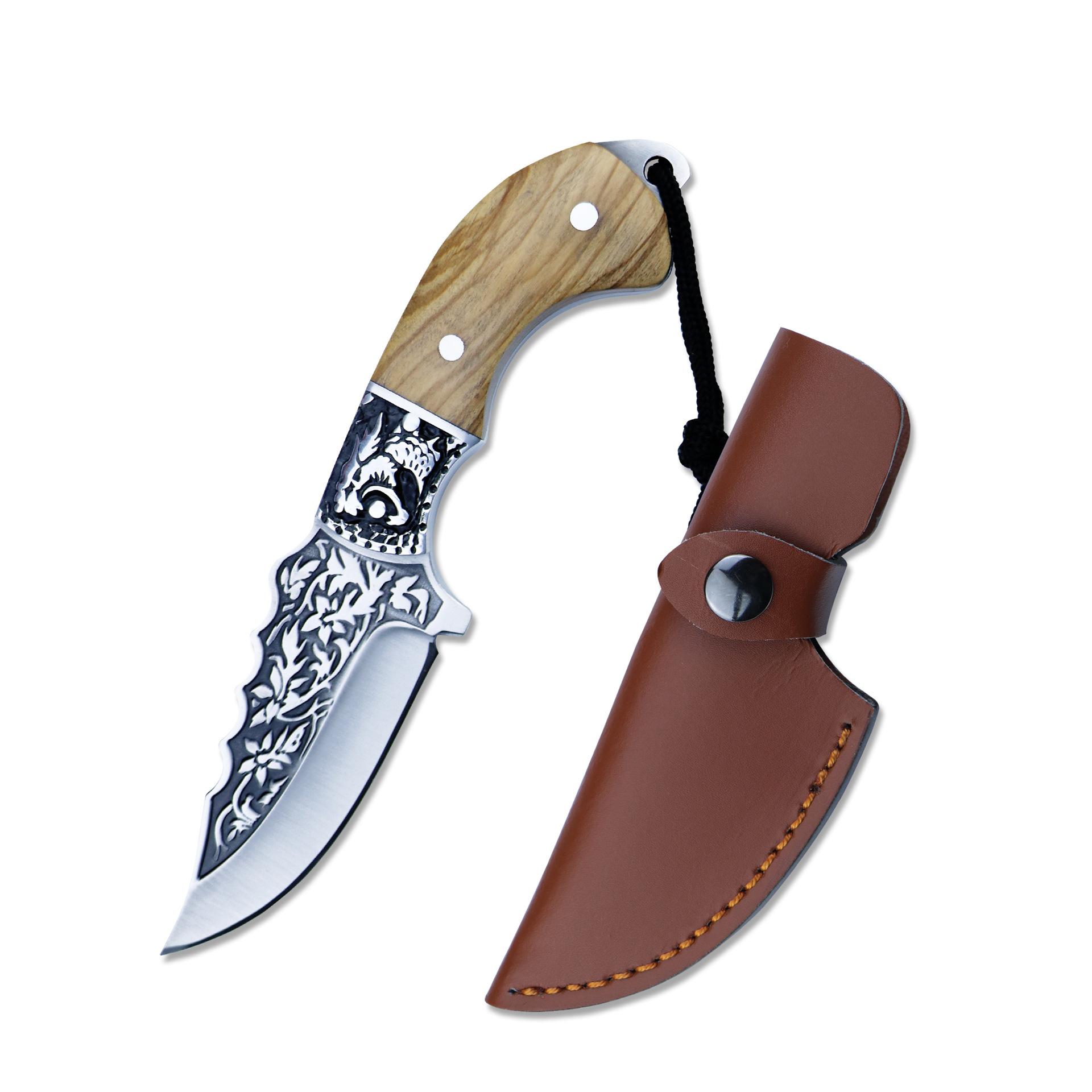 

Прямой нож для отдыха на природе, нож для мяса и фруктов, ручка из оливкового дерева, рельефная резьба, красивая, с утолщенными ножнами