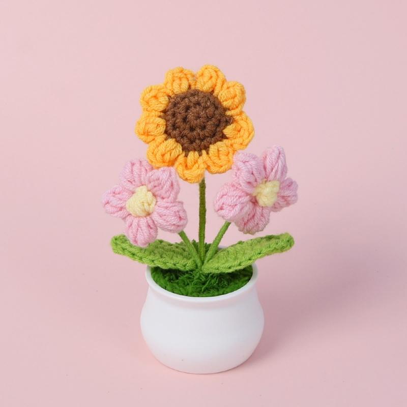 Handmade Crochet Sunflowers Potted Stuffed Plants Finished Woven Bouquet Home Desktop Decor Christmas Graduation Gifts