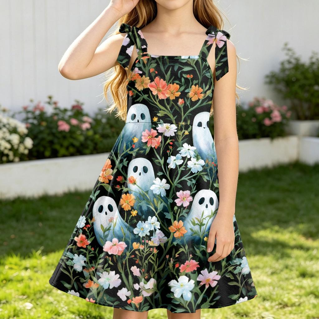 Girls Halloween Printed Sleeveless Spaghetti Strap Dress for Party and Daily Wear