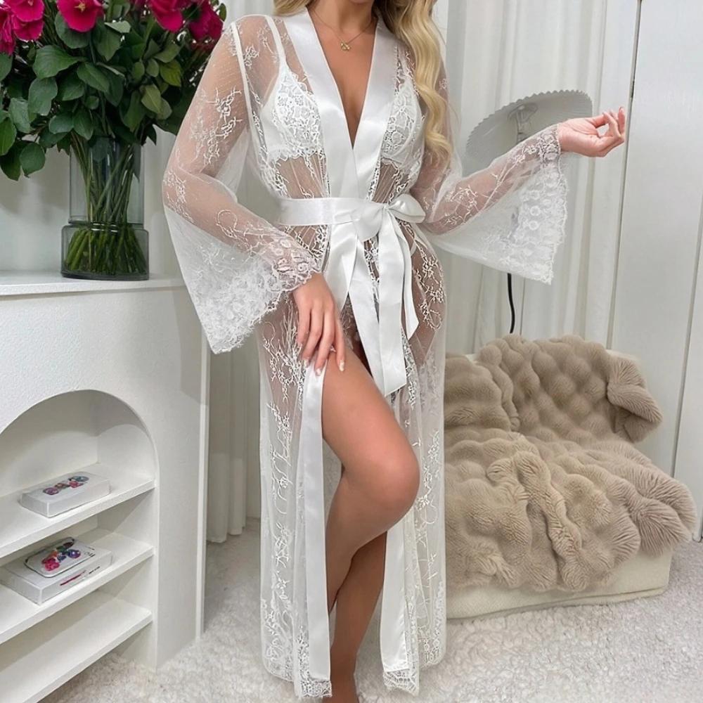 Damen Sexy Durchsichtiger Spitzen-Bademantel Dessous Langer Durchsichtiger Kimono Dessous-Kleid Spitzen-Morgenmantel Nachtwäsche