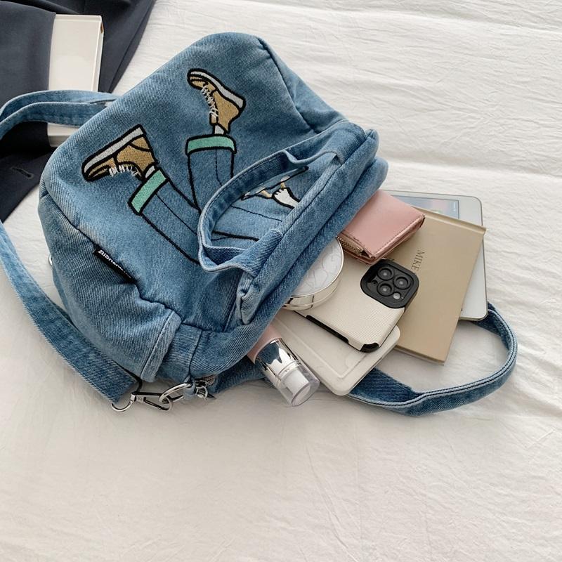 Bolso de Mezclilla Bordado Estampado Bolso Grande de Hombro Cruzado