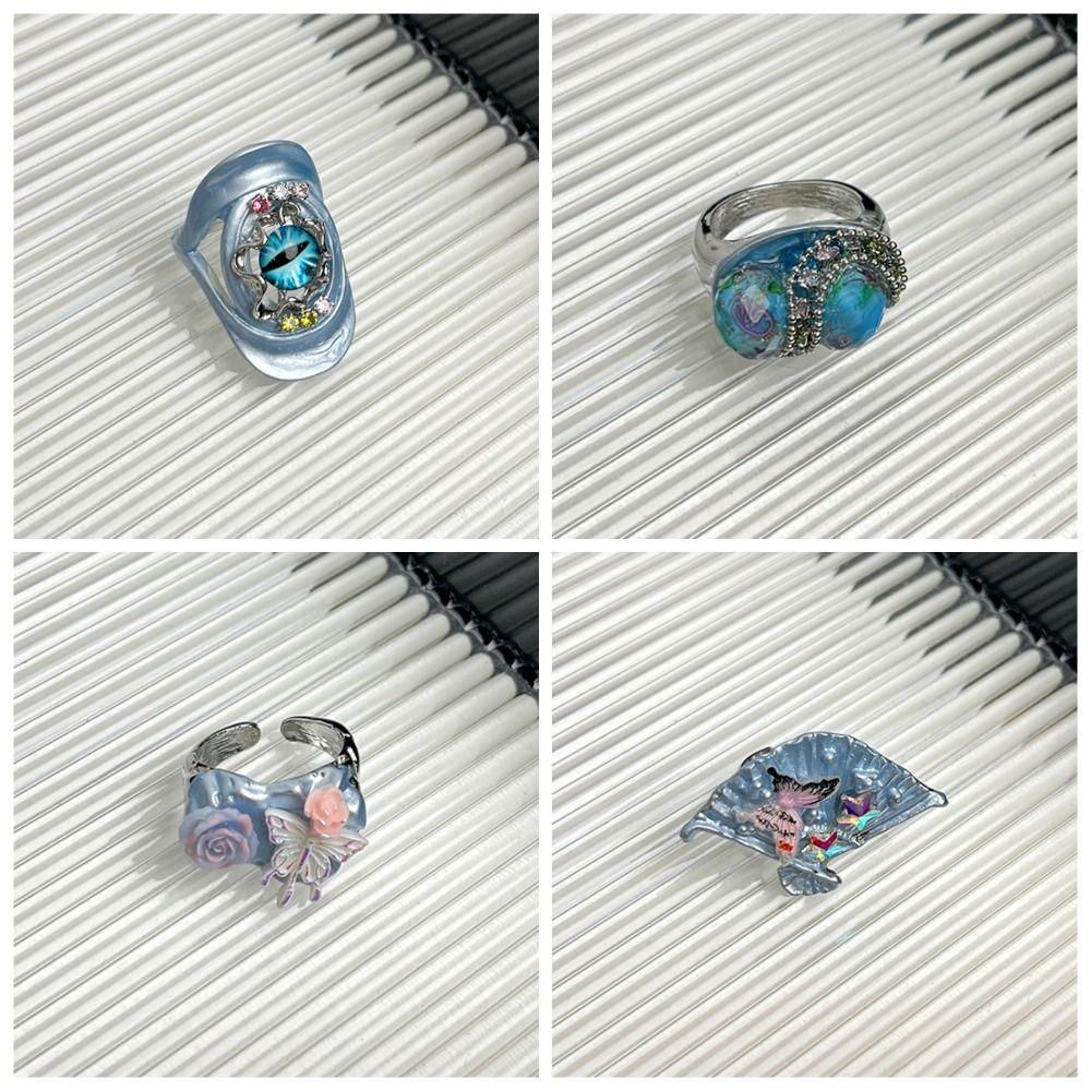 Blue Tint Devil's Eye Ring Flower Opening Finger Ring Jewelry Glaze Ring  Girls