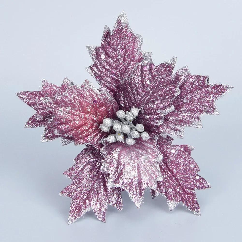 19cm Christmas Fabric Simulation Poinsettia Glitter Flower Hanging Drop Ornaments Xmas Tree Pendant Decoration Party Home Decor